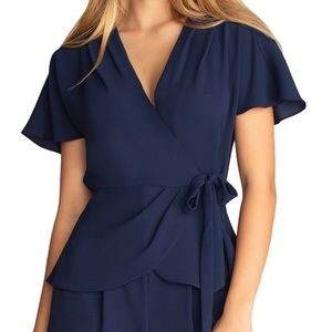 Trina Turk flutter sleeve wrap top.  Navy Small, NWT